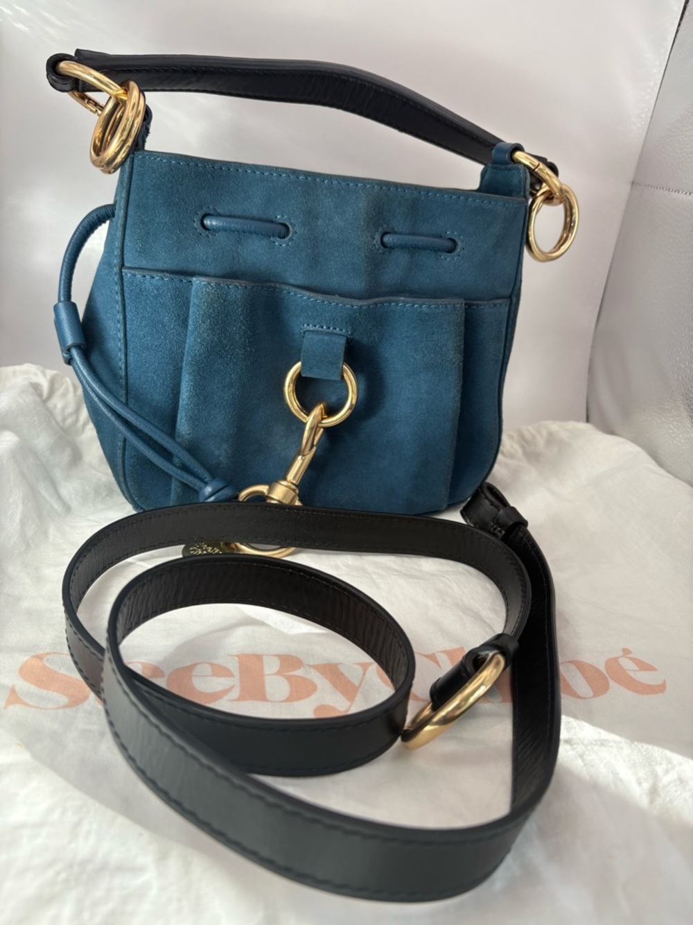 See By Chloe Blue Suede & Leather, 2 way Shoulder Bag with Gold Hardware. Rare - Picture 4 of 11